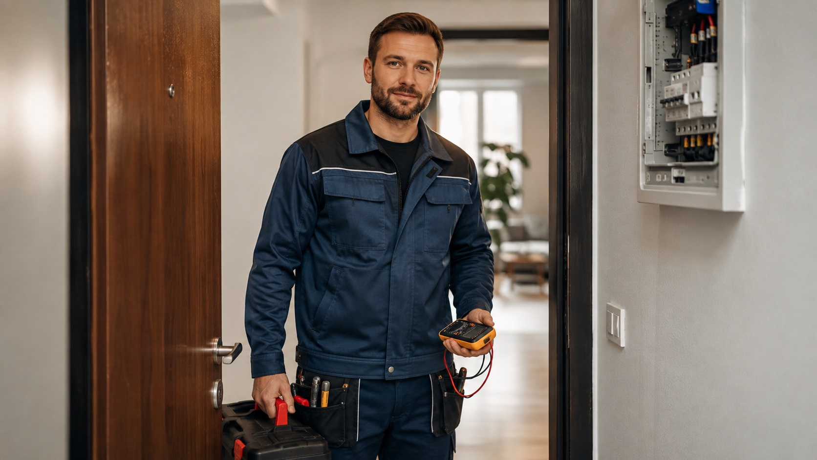 Вызов электрика Профессиональный электрик с инструментами у электрощита